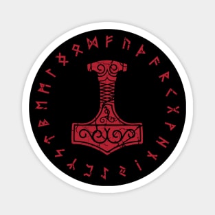 Thors Hammer Mjolnir Norse Pagan Elder Futhark Runes Worn Red Magnet